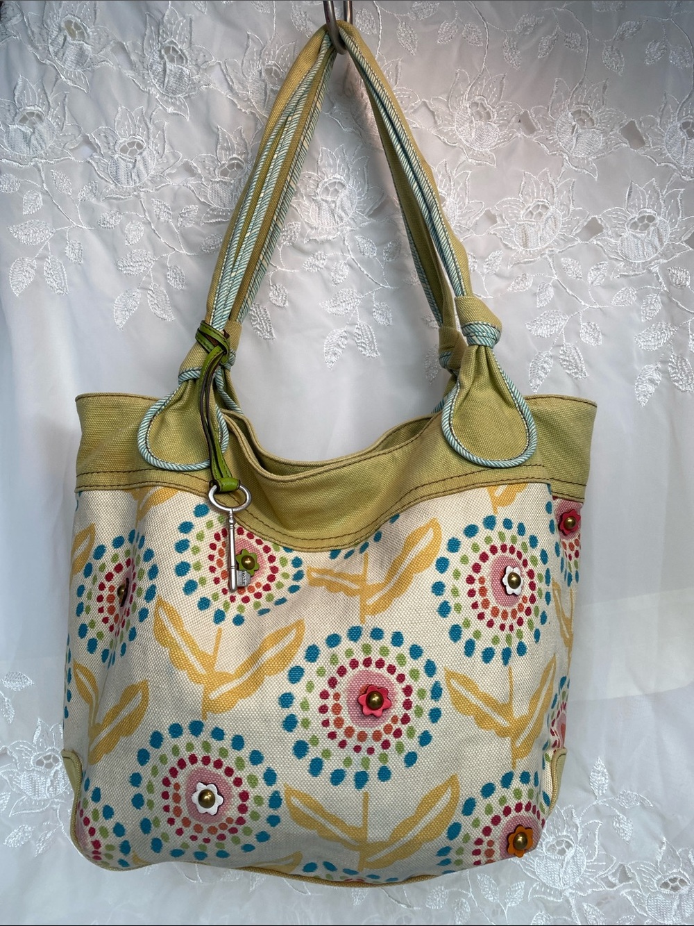 Fossil Multicolor Floral Dot Canvas Tote with Olive Trim